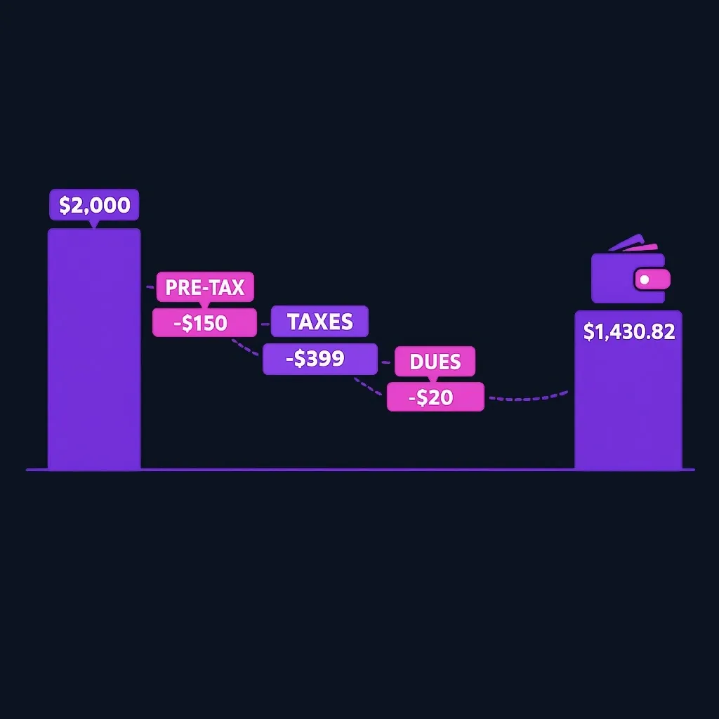 Waterfall chart showing $2,000 gross pay reduced by deductions and taxes to $1,430.82 net pay
