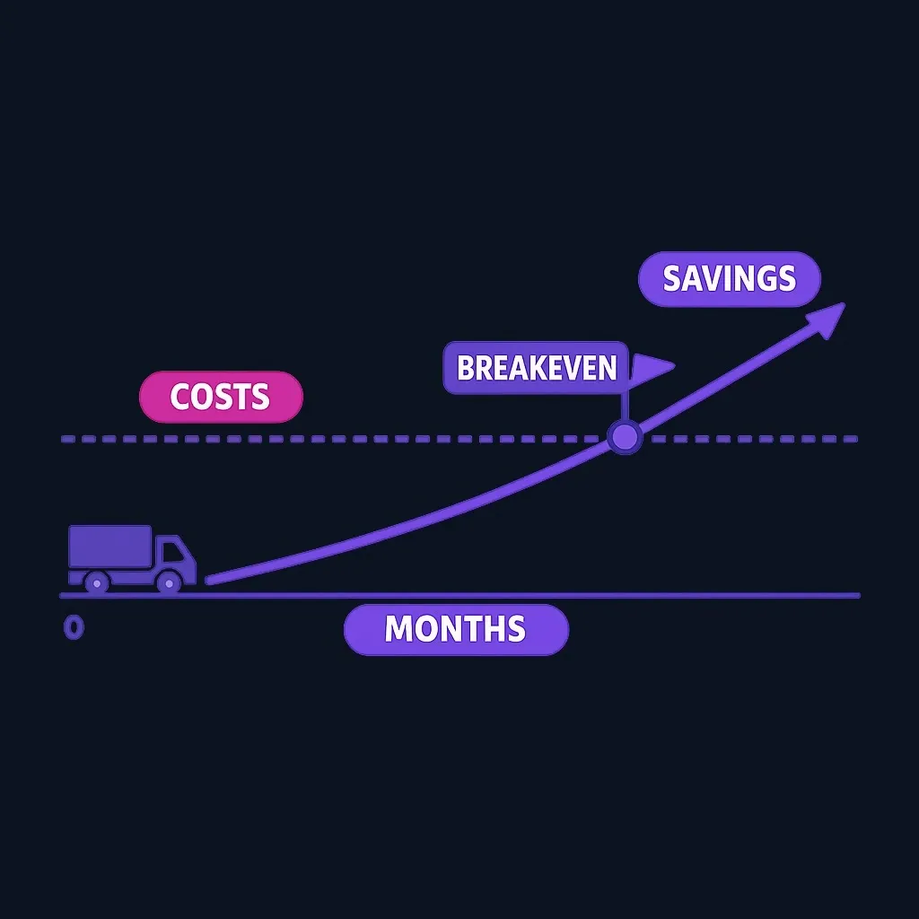 Line chart showing cumulative refinance savings rising over time and crossing the closing-cost line at the breakeven point