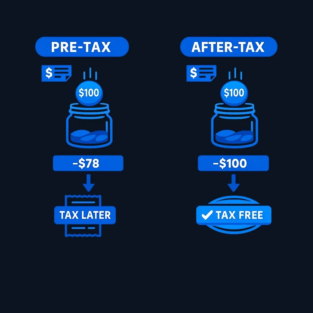Comparison of a $100 pre-tax contribution and a $100 after-tax contribution, showing different reductions in take-home pay and different tax treatment later