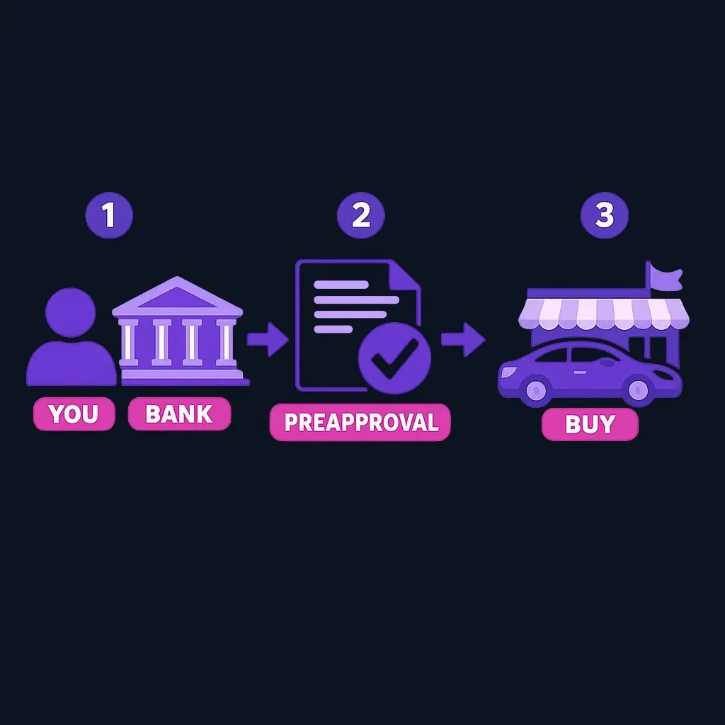 Step flow showing a buyer applying to a bank, receiving a preapproval, and then taking it to a car purchase.