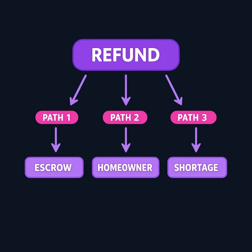 Diagram showing three possible paths for insurance refund: to servicer escrow, to homeowner, or applied to shortage
