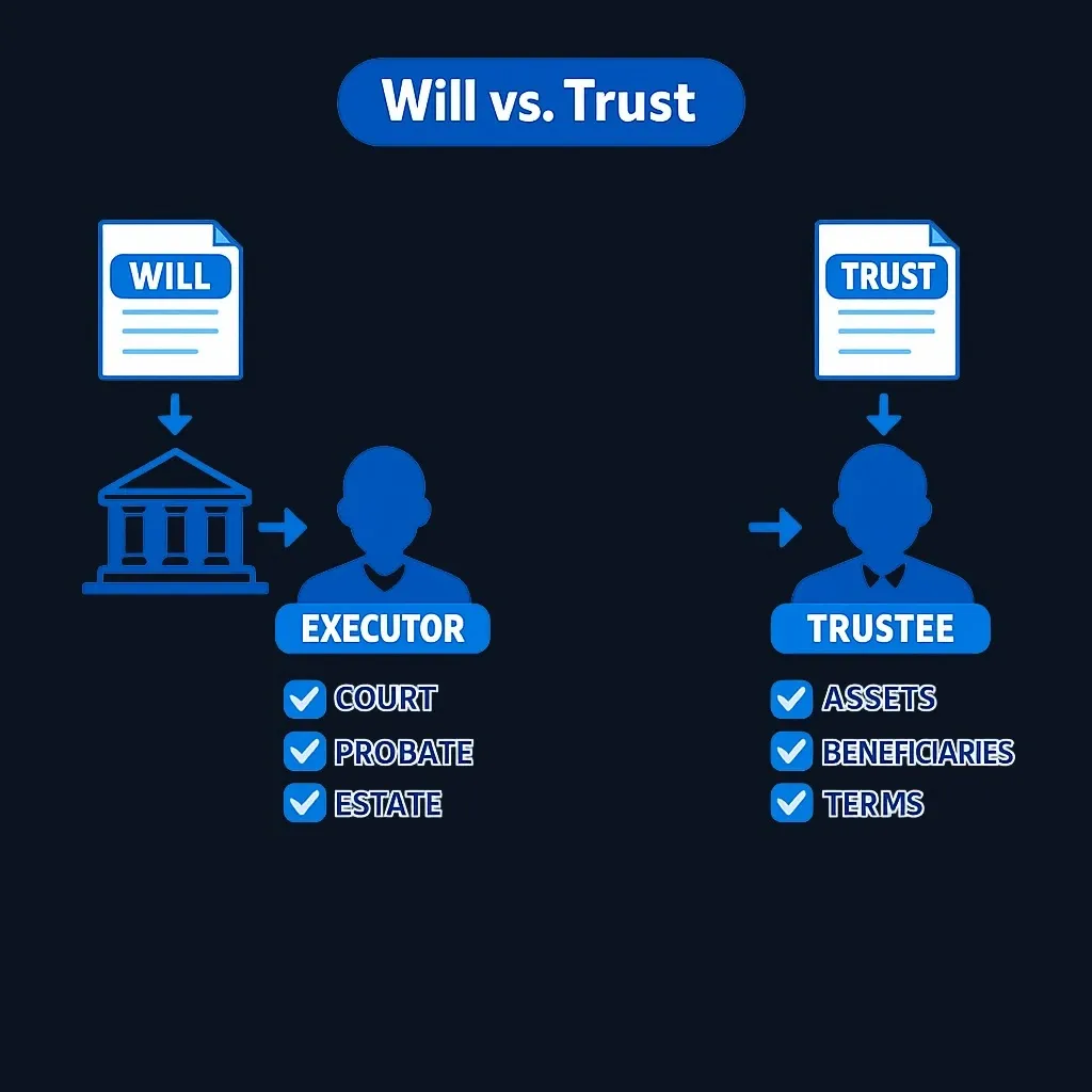 Diagram showing executor appointed by court for will-based estate versus trustee managing trust assets