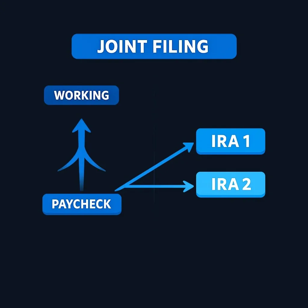 Diagram showing working spouse's earnings enabling contributions to both their own IRA and nonworking spouse's separate IRA account