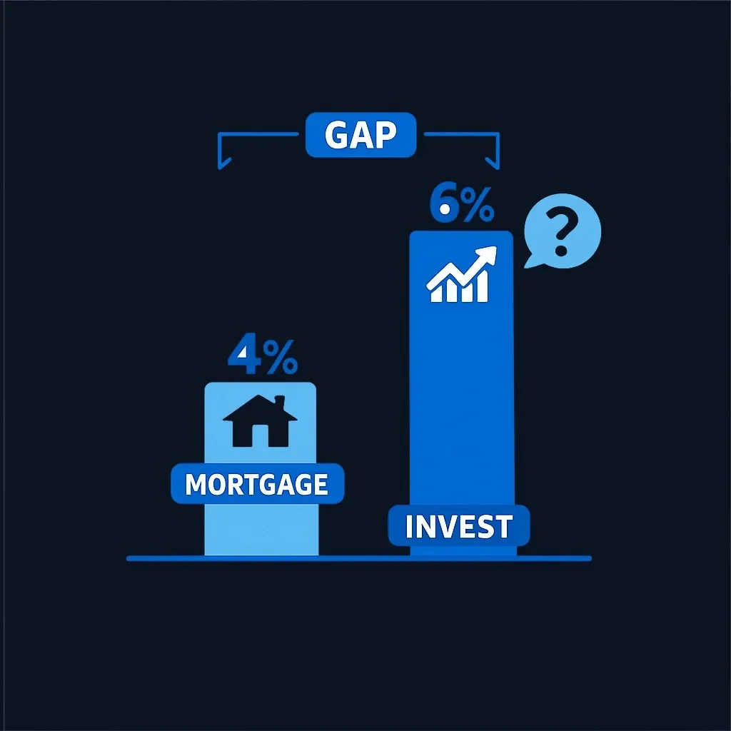 Two bars comparing a 4% mortgage rate with a 6% expected investment return, with the investing bar taller.