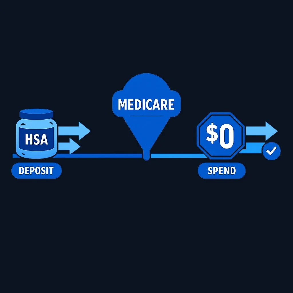 Diagram showing HSA contributions stopping at Medicare enrollment while withdrawals continue