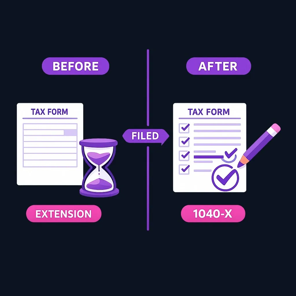 Split diagram showing an extension used before filing and an amended return used after filing