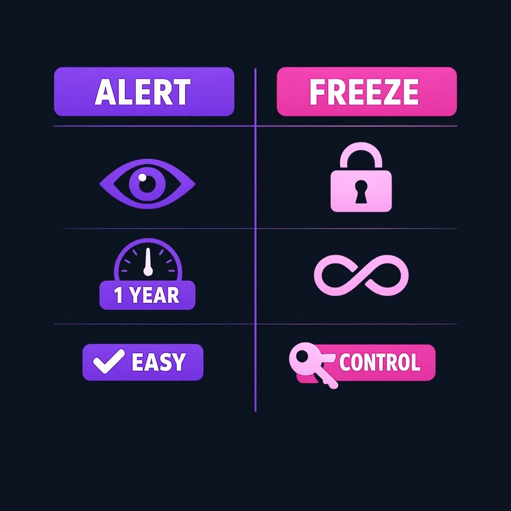 Side-by-side comparison of fraud alert versus credit freeze features