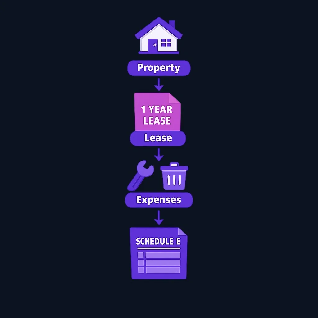 Diagram of long-term rental example showing house, lease term, and Schedule E reporting