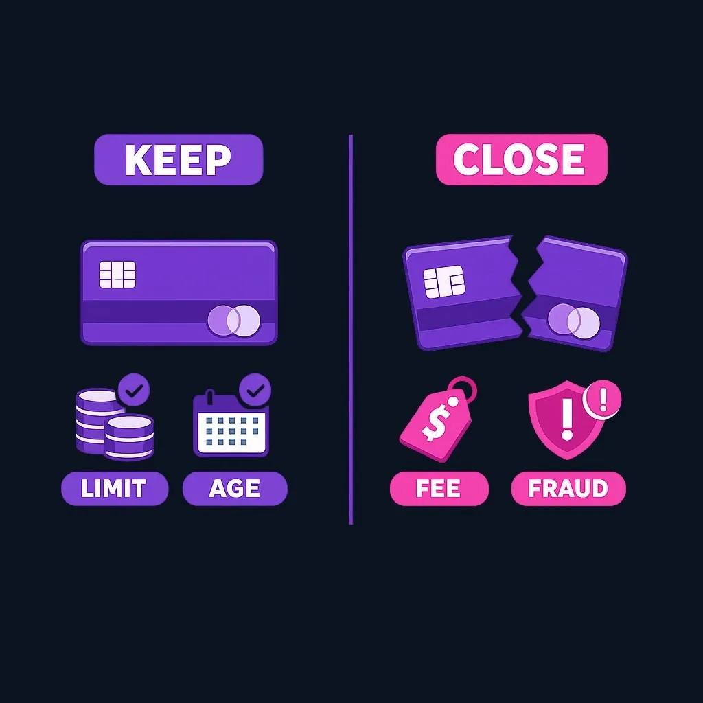 Split diagram comparing keeping a card with closing a card.
