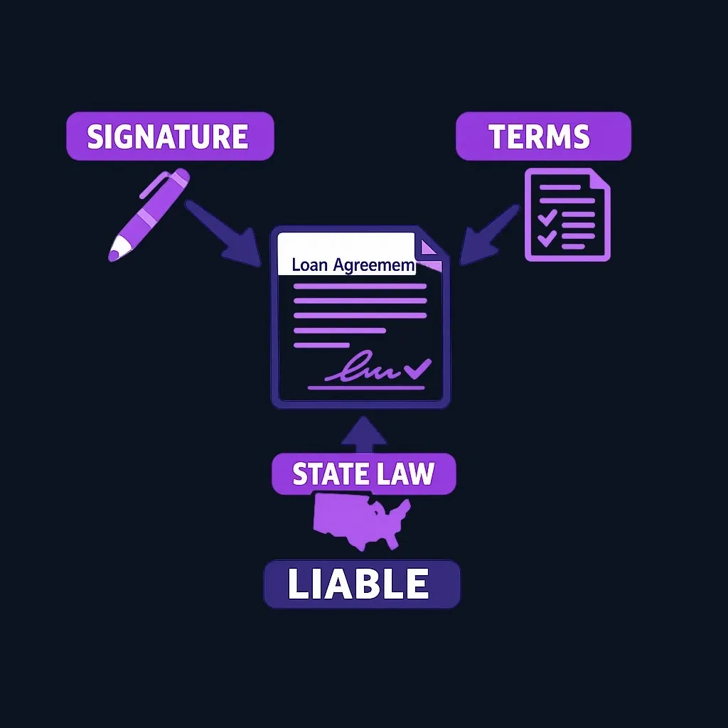 Diagram showing factors that determine legal responsibility for joint debt: signatures, account terms, and state law