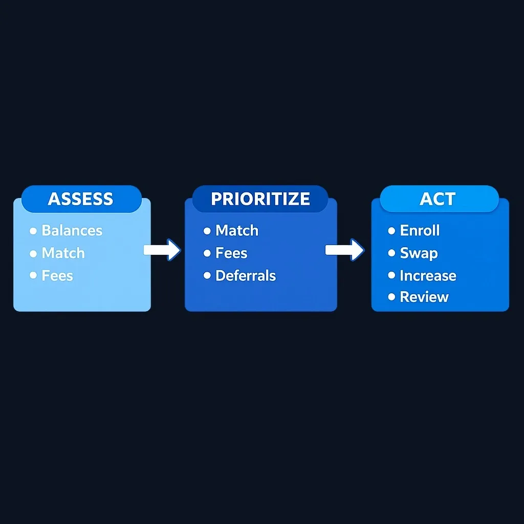 Three-step decision framework flowchart for 401(k) optimization