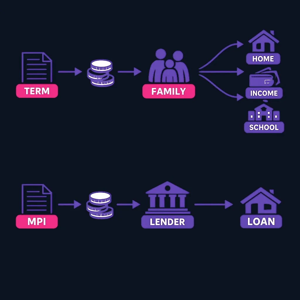 Flow diagram: term life payout goes to family and splits into several uses, while mortgage protection payout goes straight to the lender for the loan.