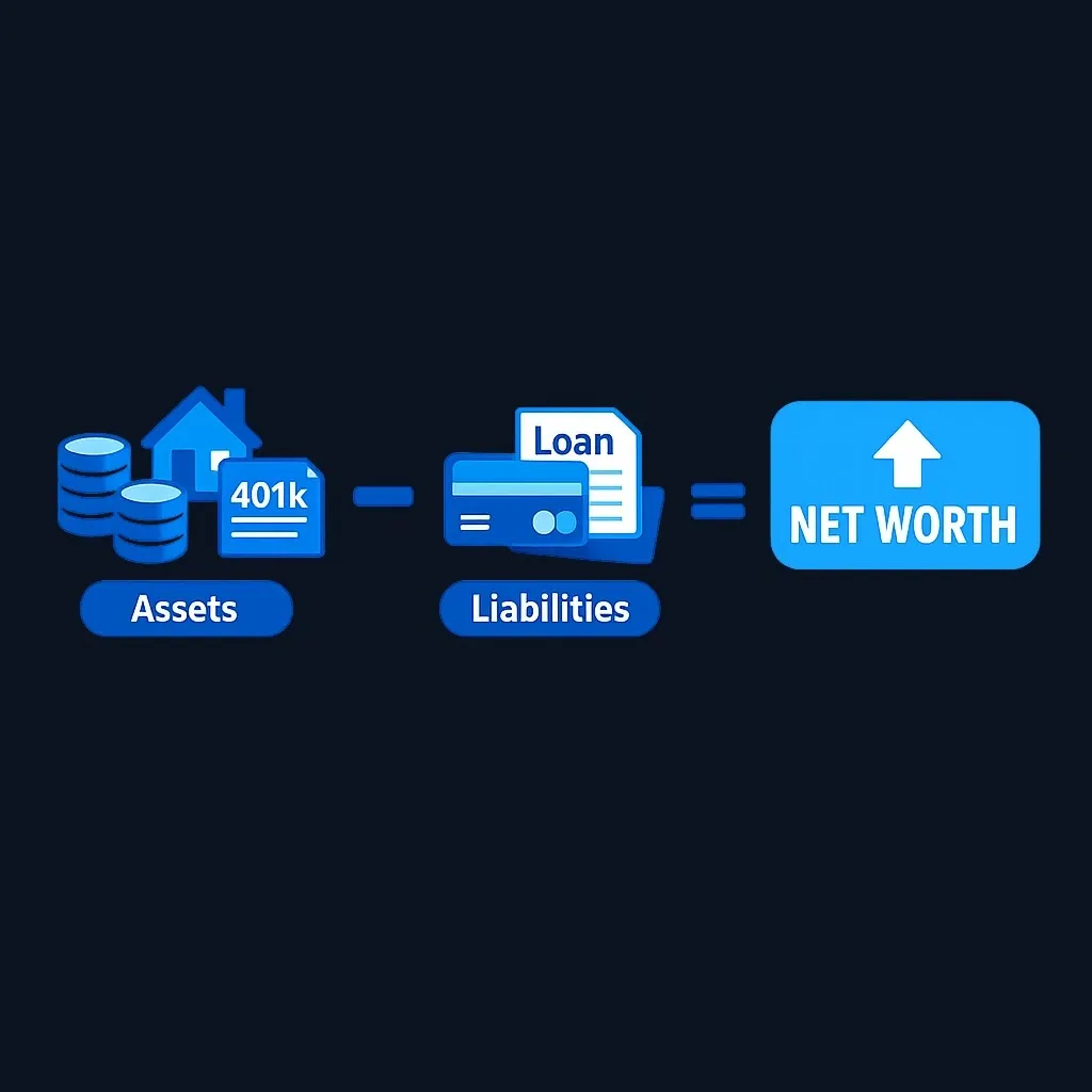 Net worth equation showing assets minus liabilities equals net worth