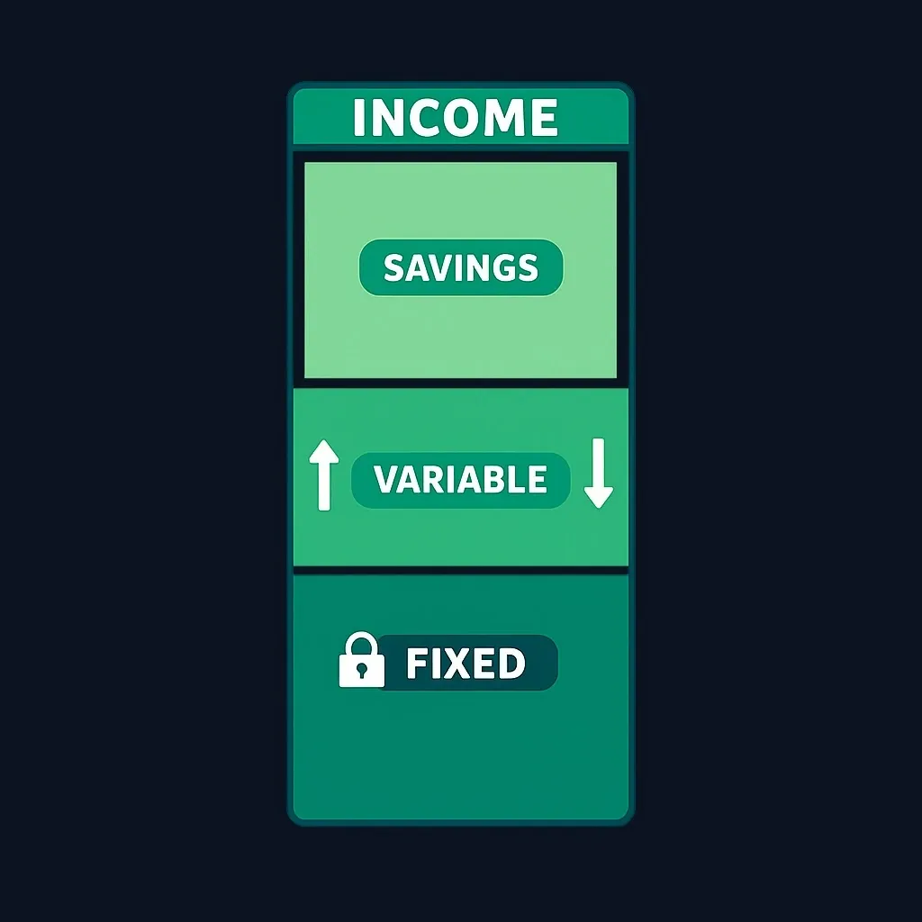 Stacked layer diagram with a solid fixed-expense base and an adjustable variable-expense layer above it inside total income