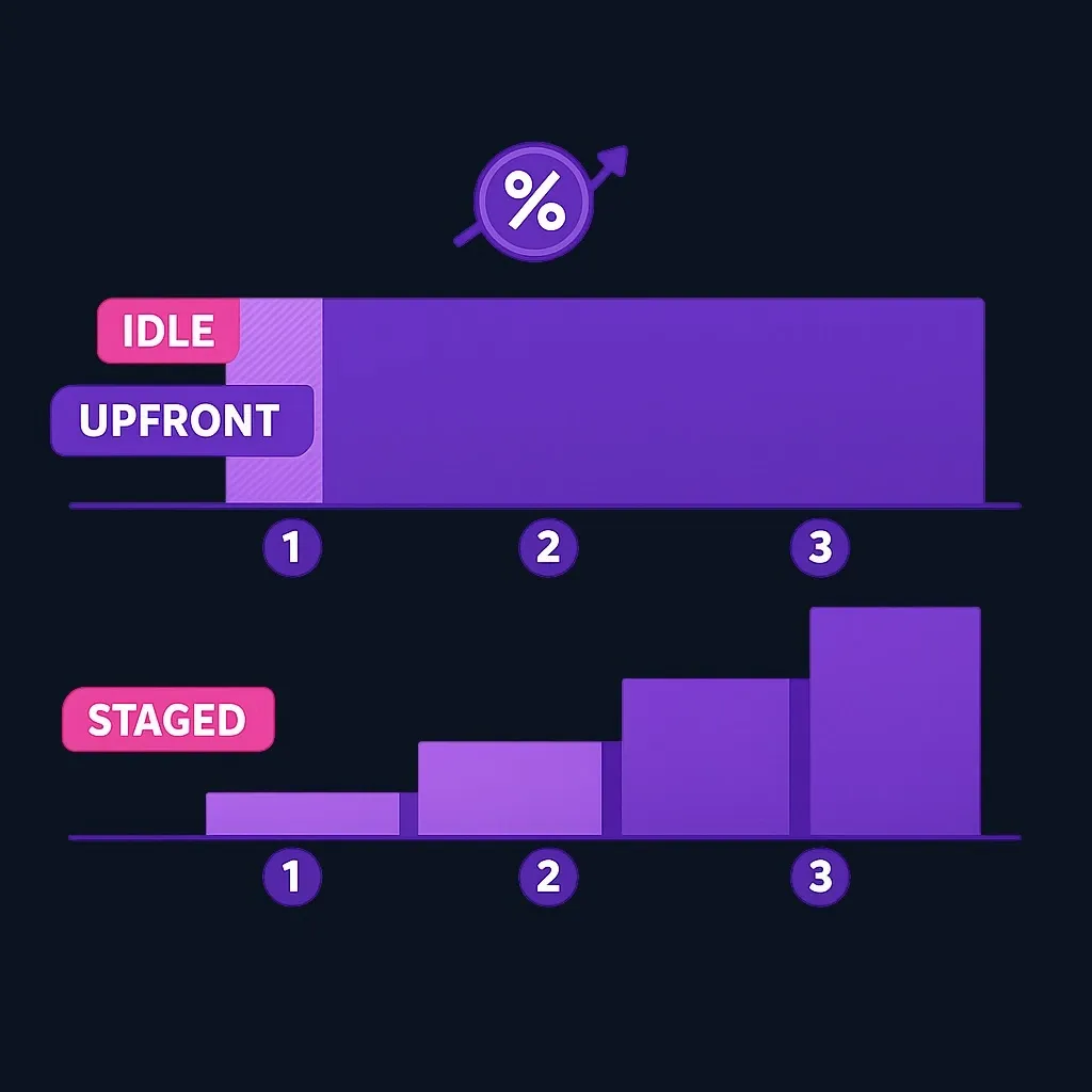 Chart comparing a full upfront borrowed balance with a stepped balance that grows as project stages are funded