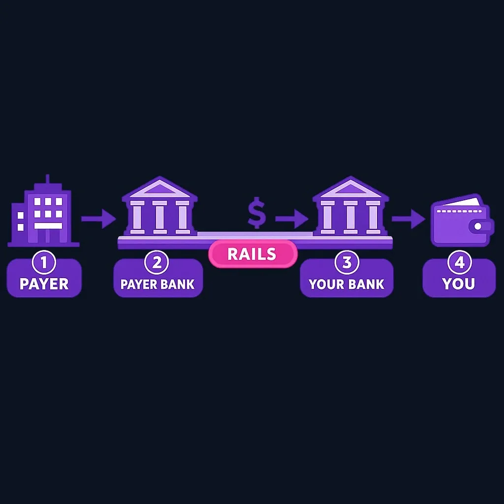 Flow diagram of a direct deposit moving from payer to payer's bank, over payment rails, to your bank and your account