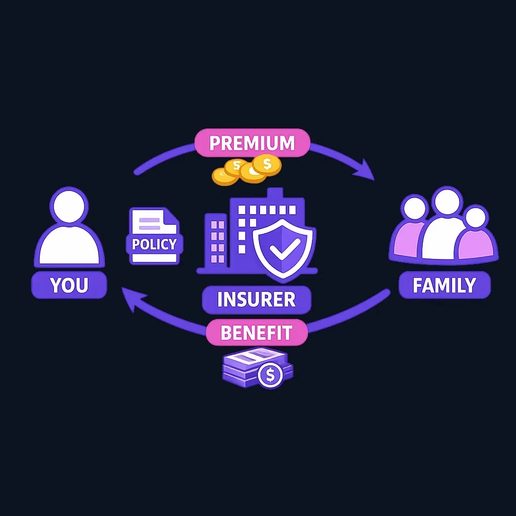 Flow diagram showing a policyholder paying premiums to an insurer, and the insurer paying a death benefit to beneficiaries