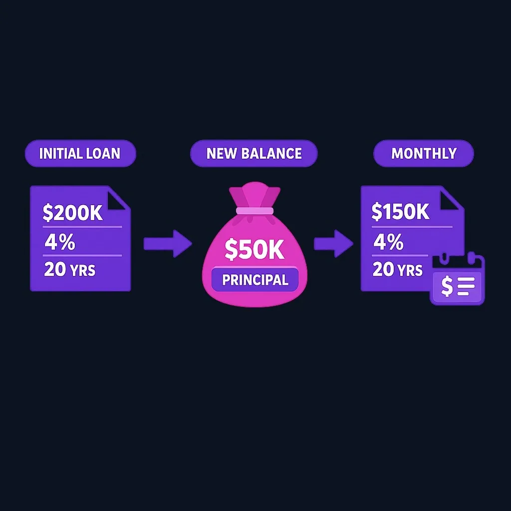 Step-by-step diagram of mortgage recast process showing principal reduction and payment recalculation