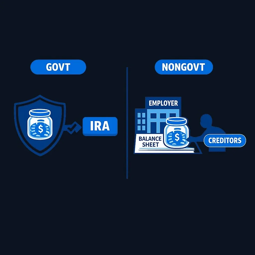 Side-by-side diagram contrasting governmental and nongovernmental 457(b) plans, showing creditor exposure and rollover availability