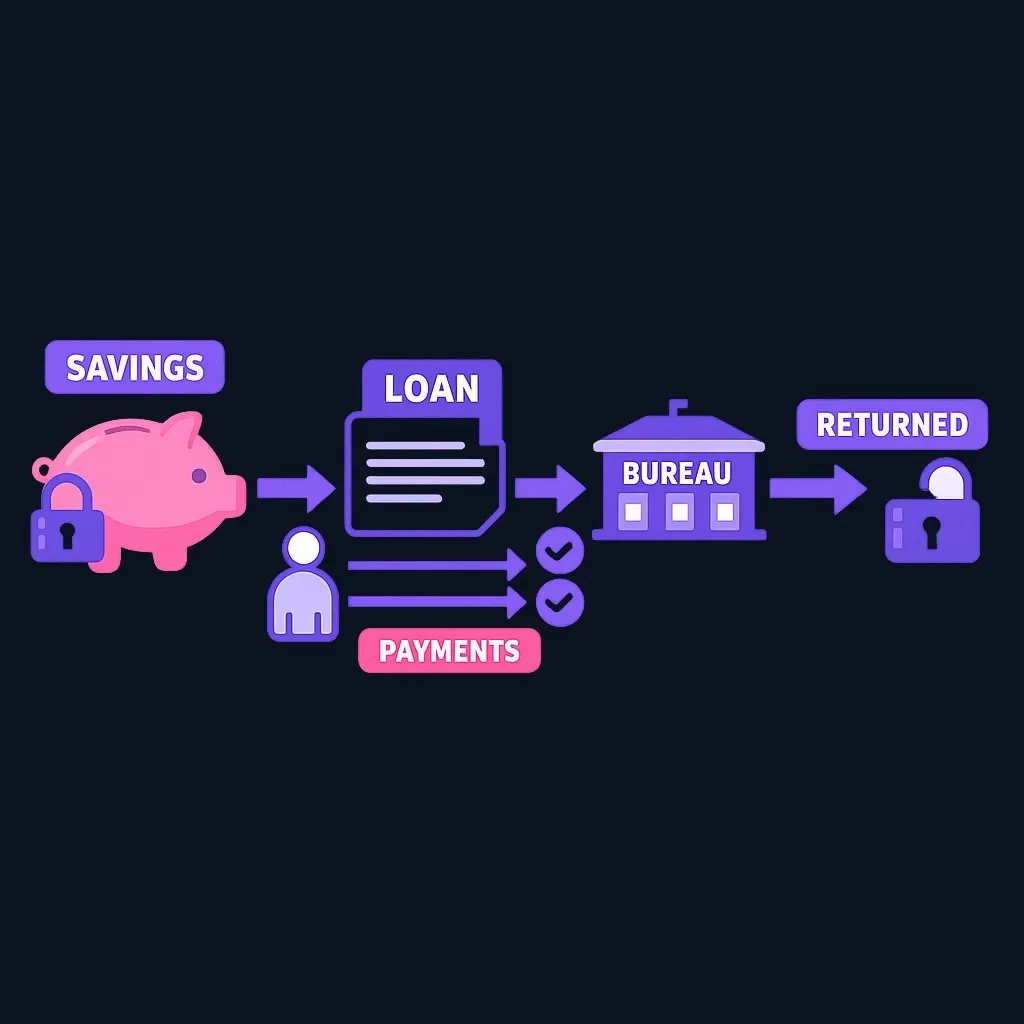 Savings account locked as collateral behind a loan, with repayments reported to the bureau and savings returned at the end.
