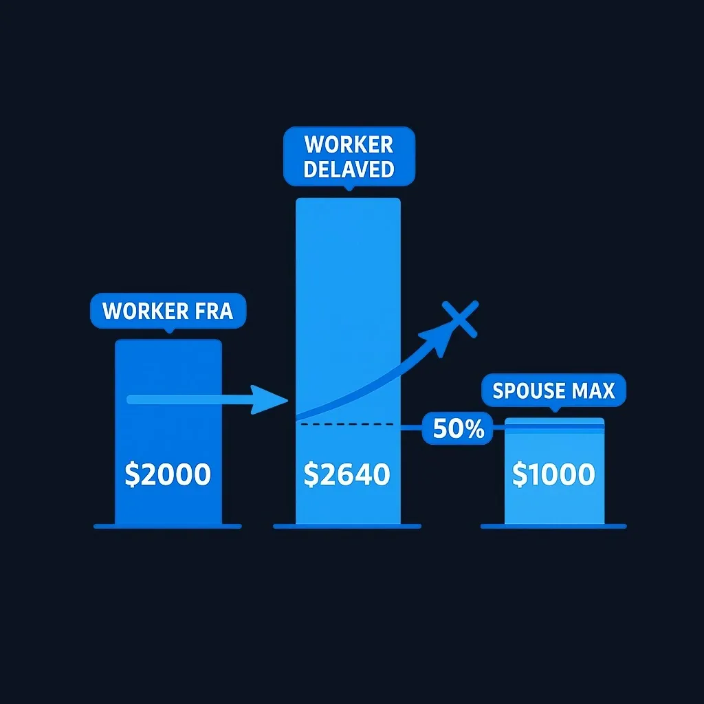 Diagram showing worker FRA amount, worker delayed amount, and spousal benefit cap anchored to FRA not delayed amount