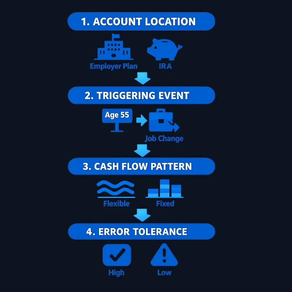 Four-step decision framework for choosing between Rule of 55 and Rule 72(t)