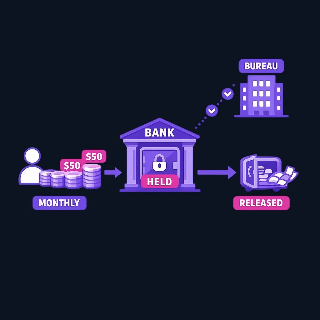 Diagram of a credit-builder loan: monthly payments go to a lender holding locked funds, reports go to the bureau, and funds are released at the end.