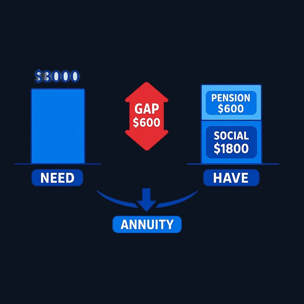 Income gap example showing monthly expenses versus income sources and the shortfall an annuity fills