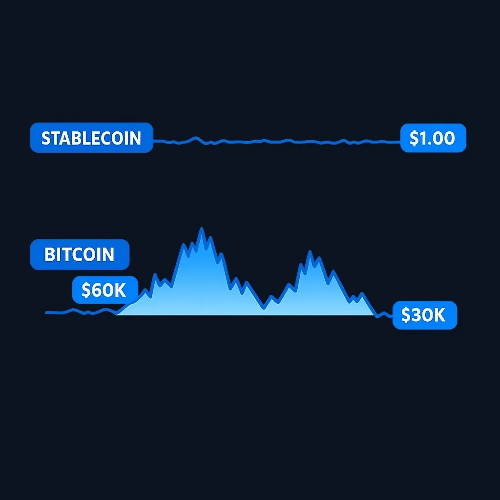 Diagram contrasting stablecoin stability versus Bitcoin volatility
