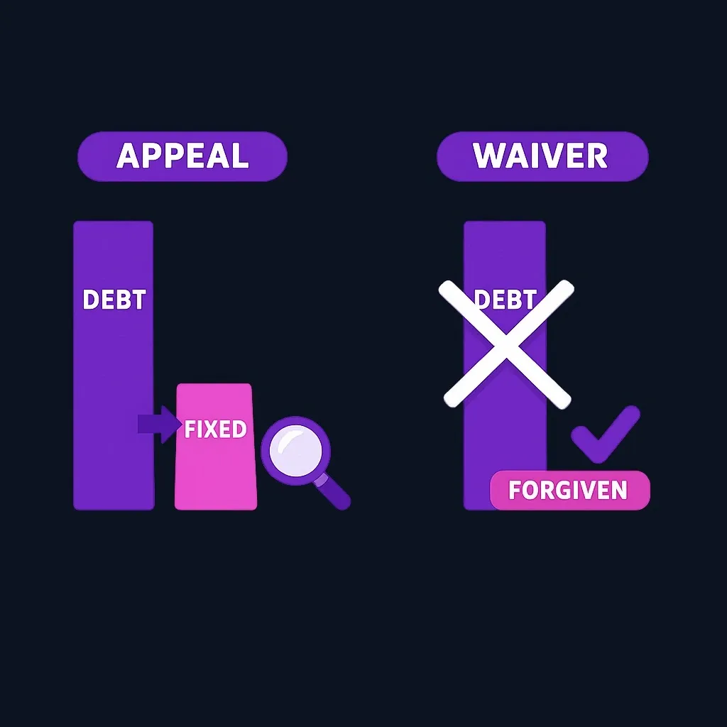 Side-by-side comparison of an appeal shrinking the debt and a waiver forgiving the full debt