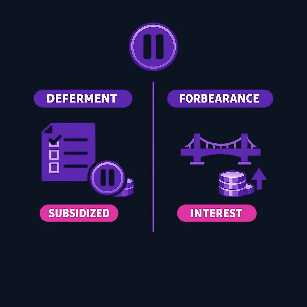 Side-by-side comparison of deferment and forbearance showing eligibility and interest differences