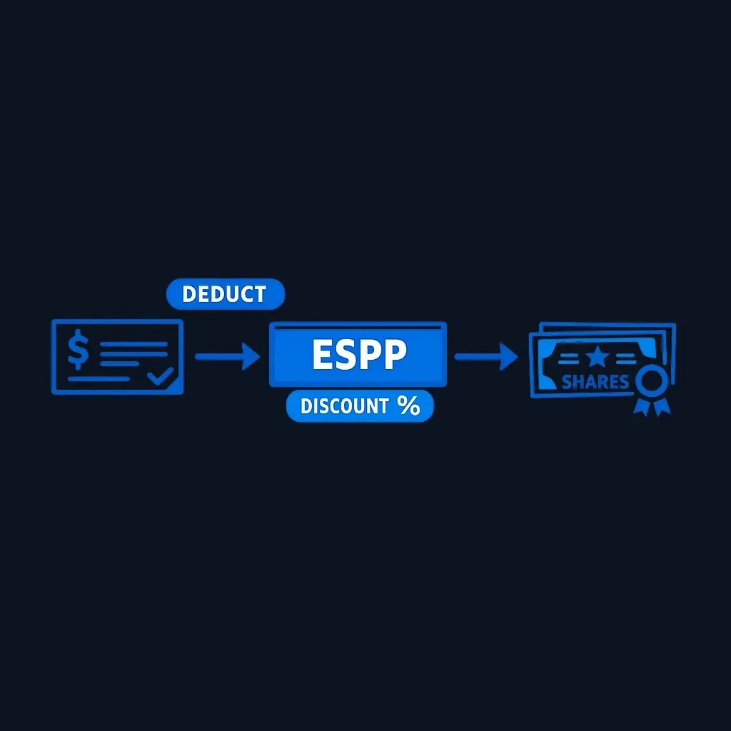 Diagram showing paycheck flowing through payroll deduction into ESPP, then converting to discounted company stock