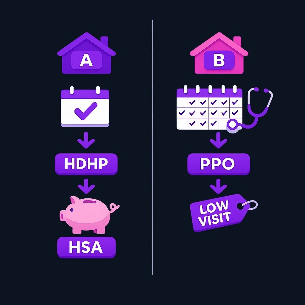 Side-by-side comparison of a low-use household choosing an HDHP and a frequent-care household choosing a PPO