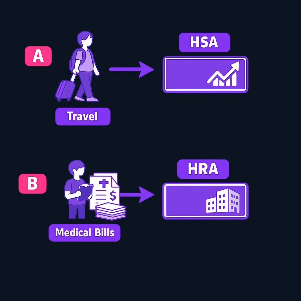 Decision schema mapping two worker scenarios to an HSA or an HRA