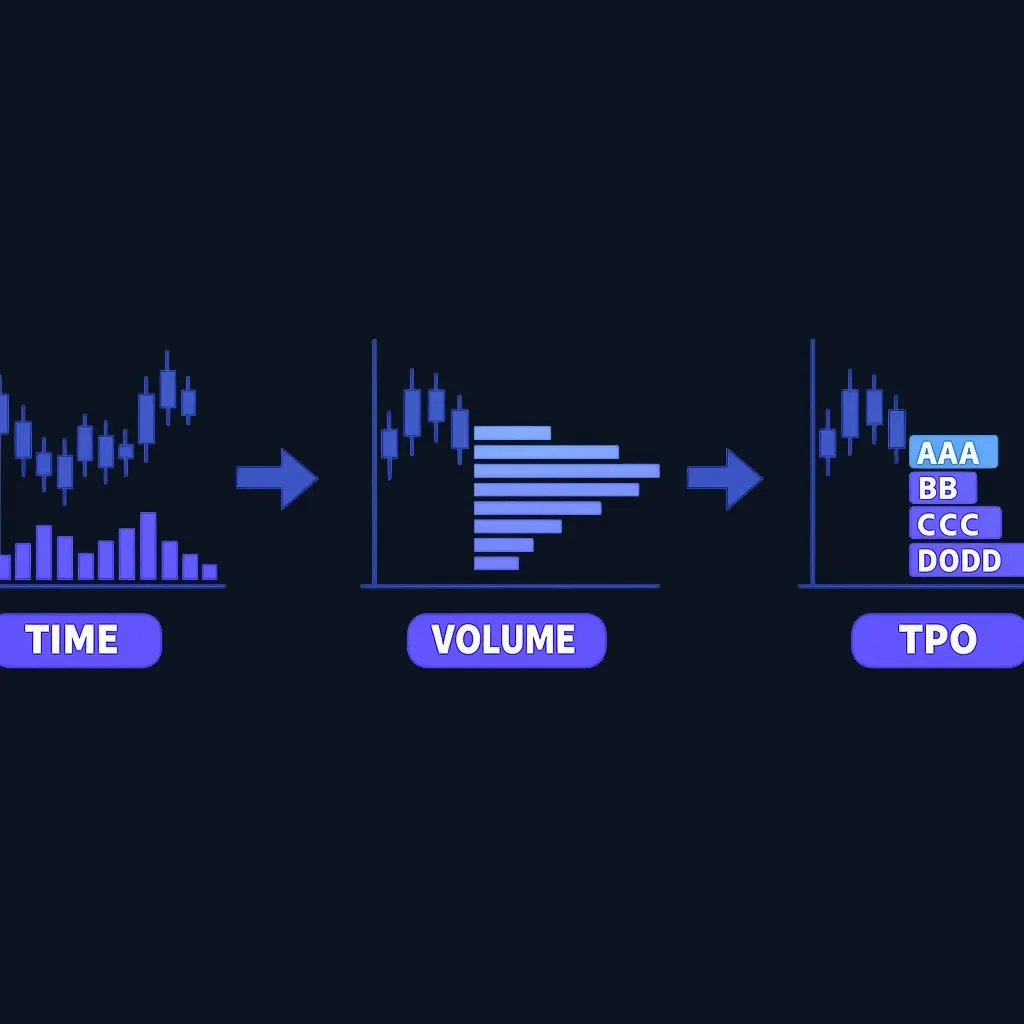 Diagram showing transformation from time-based volume bars to price-based volume profile and TPO profile
