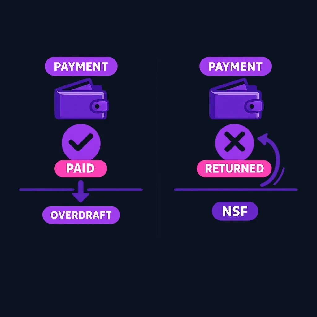 Side-by-side comparison of a paid transaction leading to an overdraft fee versus a returned transaction leading to an NSF fee.