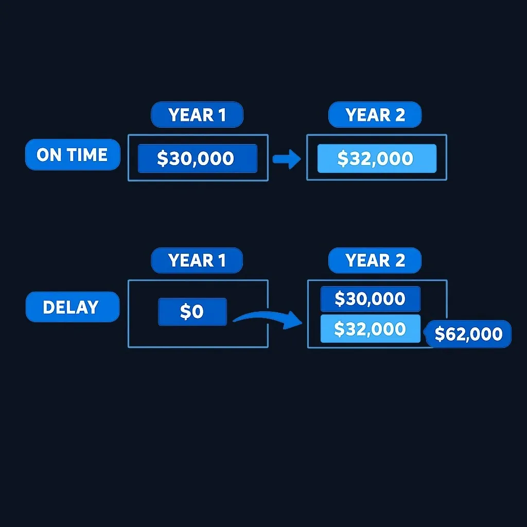 Two timelines comparing on-time RMDs of $30,000 and $32,000 with a delayed schedule of $0 and $62,000