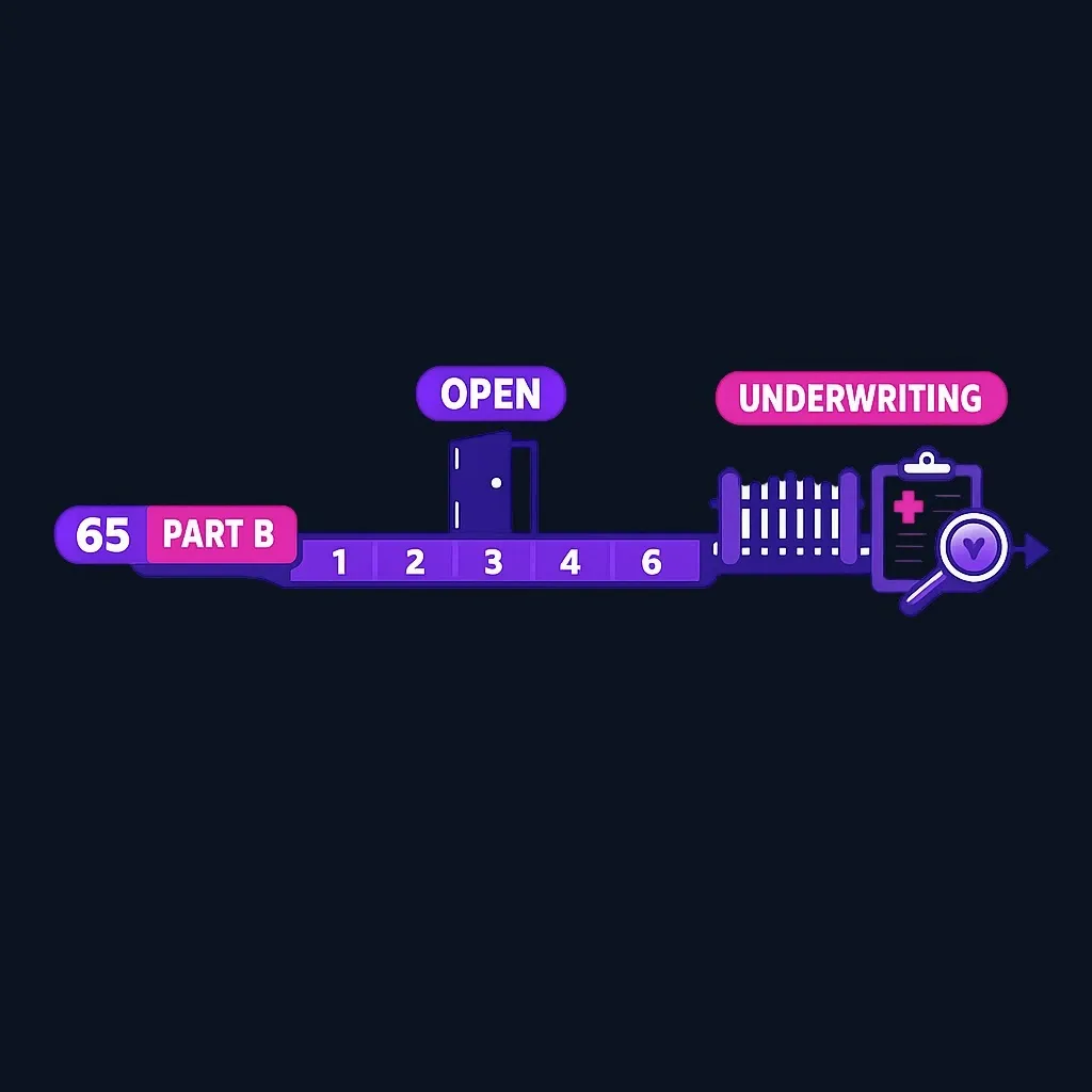Timeline showing a six-month Medigap open-enrollment window starting at age 65 with Part B enrollment.