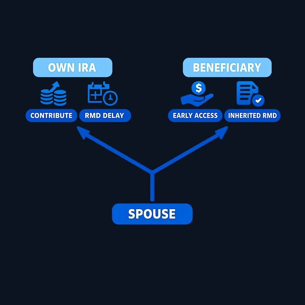 Decision fork for surviving spouse: treat as own IRA versus remain beneficiary