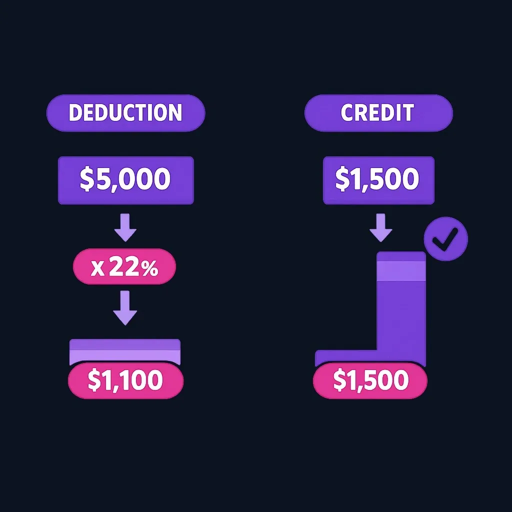 Comparison showing a $5,000 deduction saving $1,100 versus a $1,500 credit saving $1,500