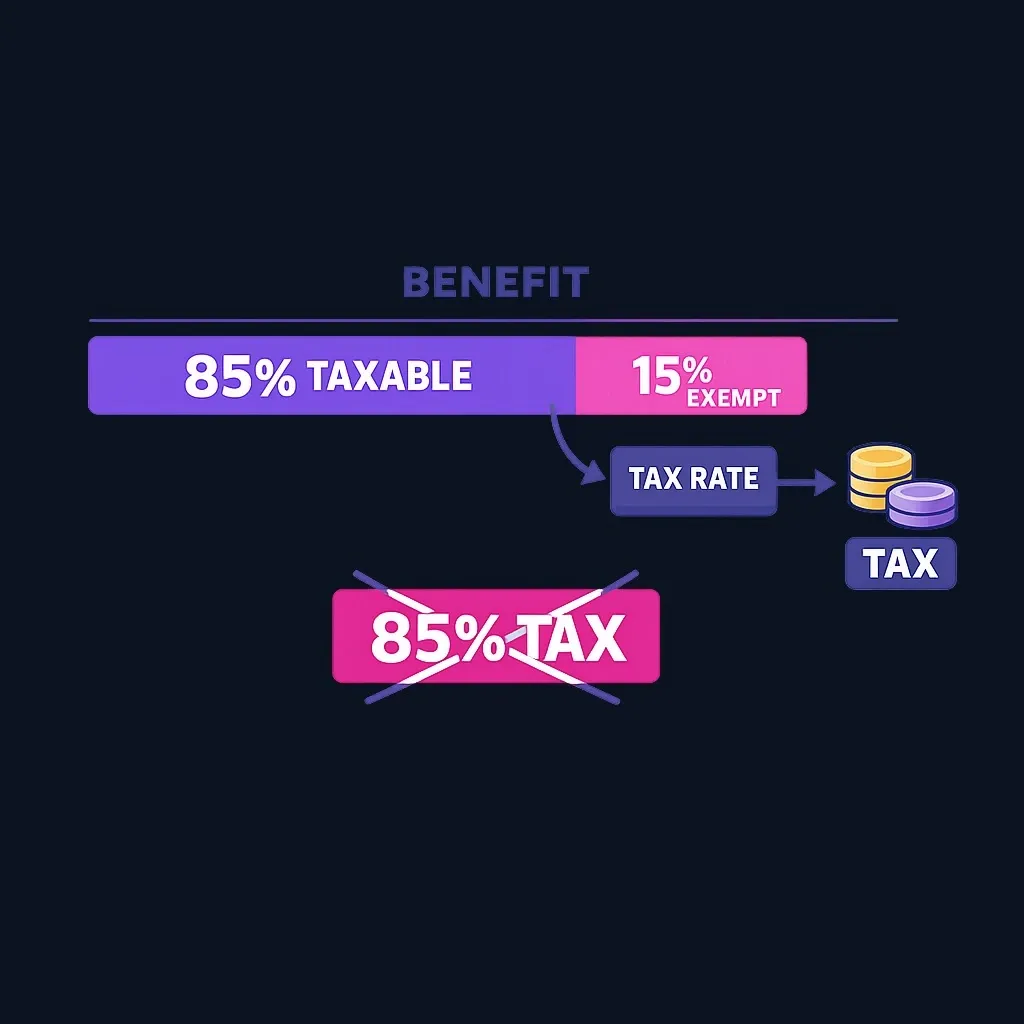 Diagram of a Social Security benefit bar split into an 85% taxable portion and a 15% untaxed portion, with a tax rate applied only to the taxable part
