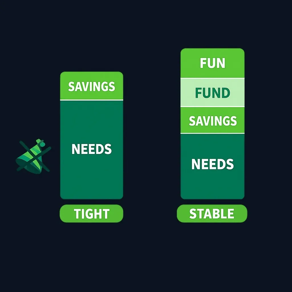 Two stacked bars comparing a tight month dominated by essentials and savings with a stable month that includes a fun allowance and a sinking fund