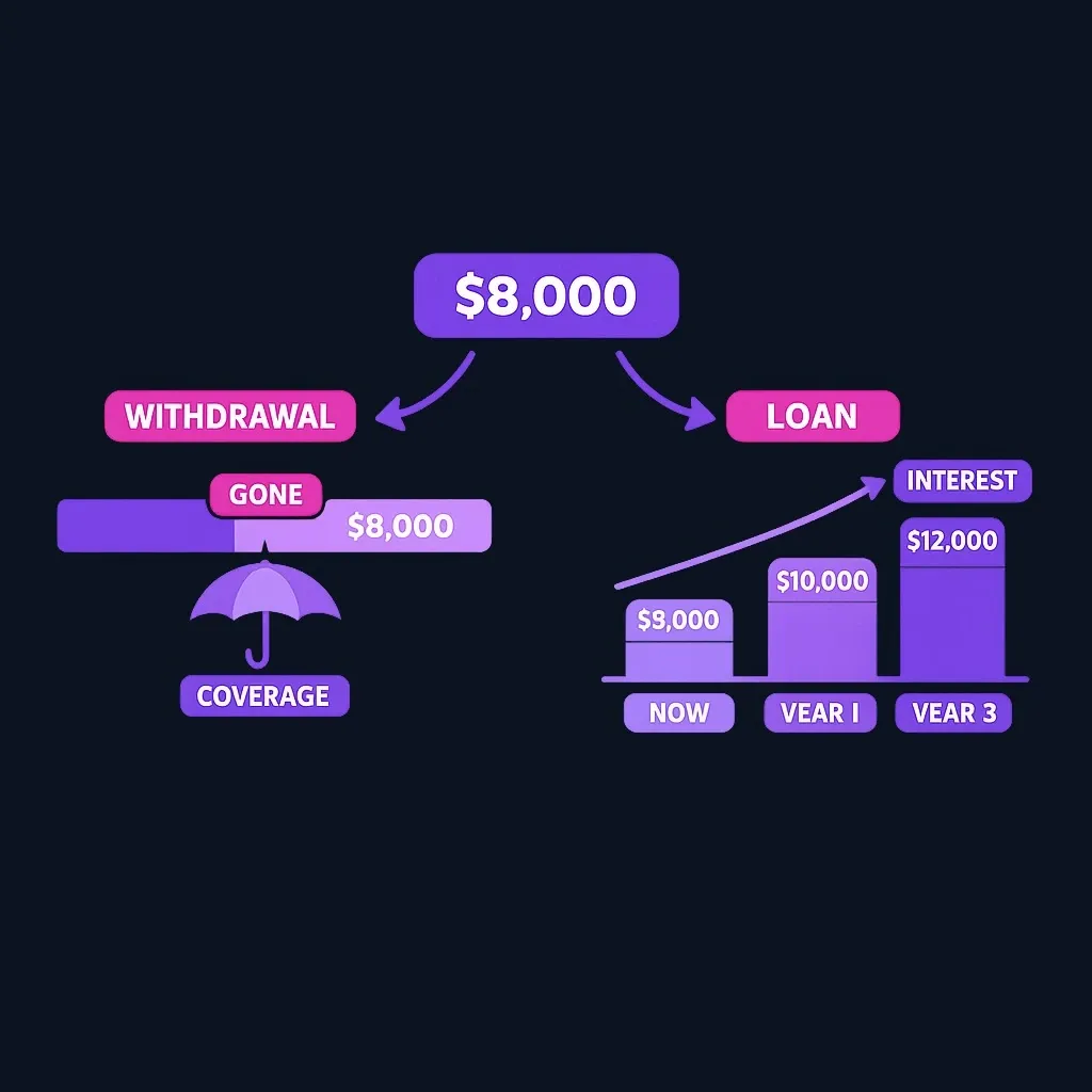 Diagram of an $8,000 need met by a withdrawal that permanently lowers cash value, or by a loan whose debt grows over time.