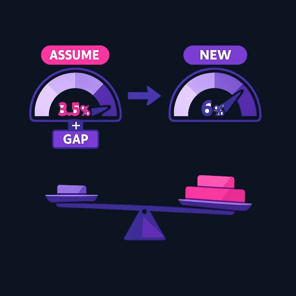 Comparison of a 3.5% assumed loan rate and a 6% new loan rate, with a reminder that the equity gap still needs financing