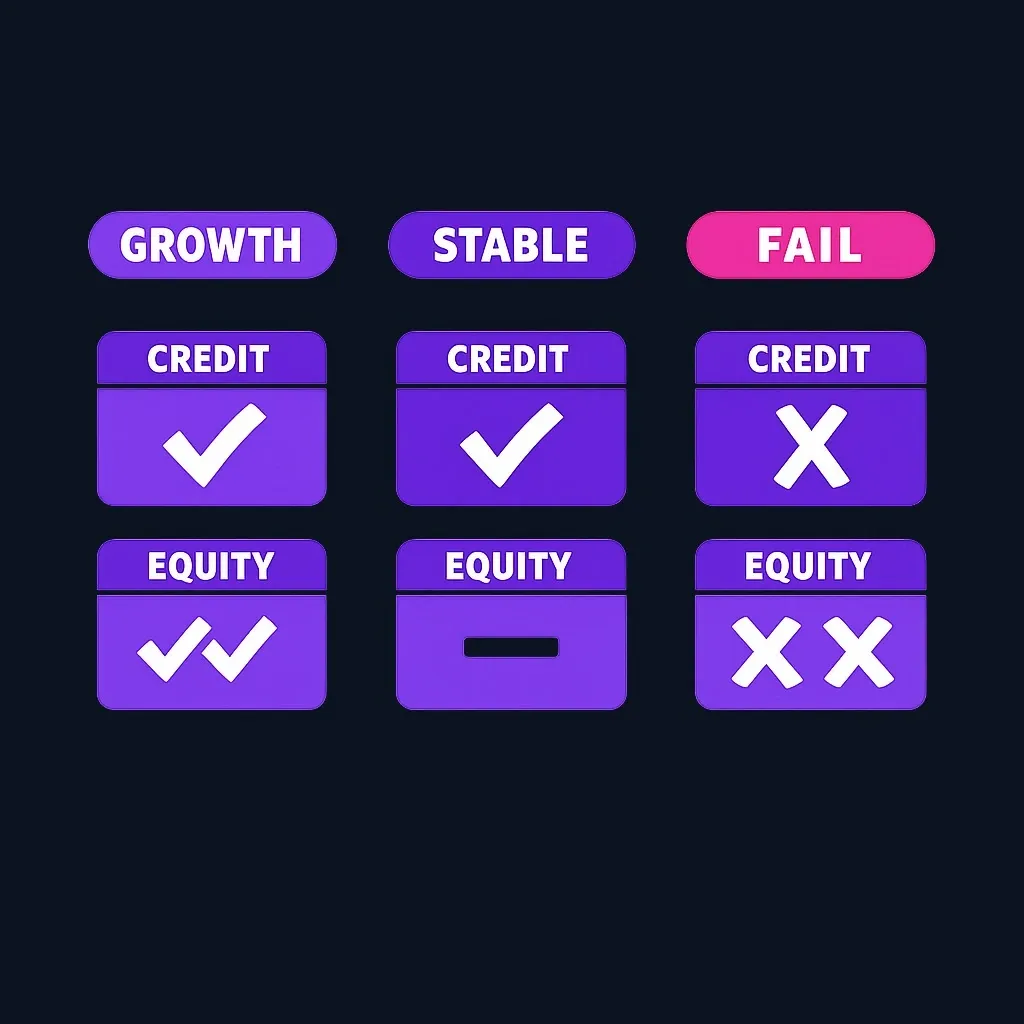Three scenarios showing how credit and equity respond to company performance