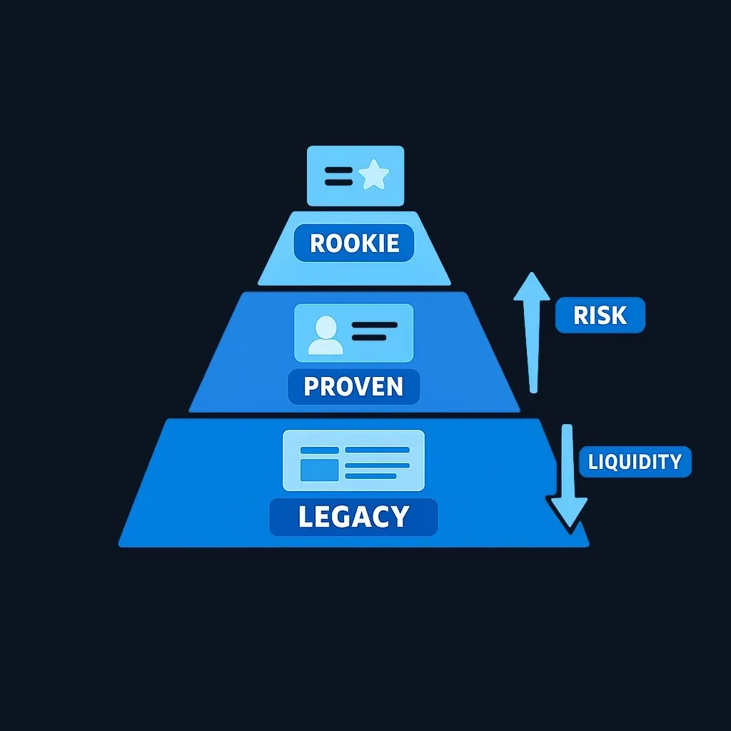 Three-tier pyramid showing sports card investment risk levels from legacy to speculative