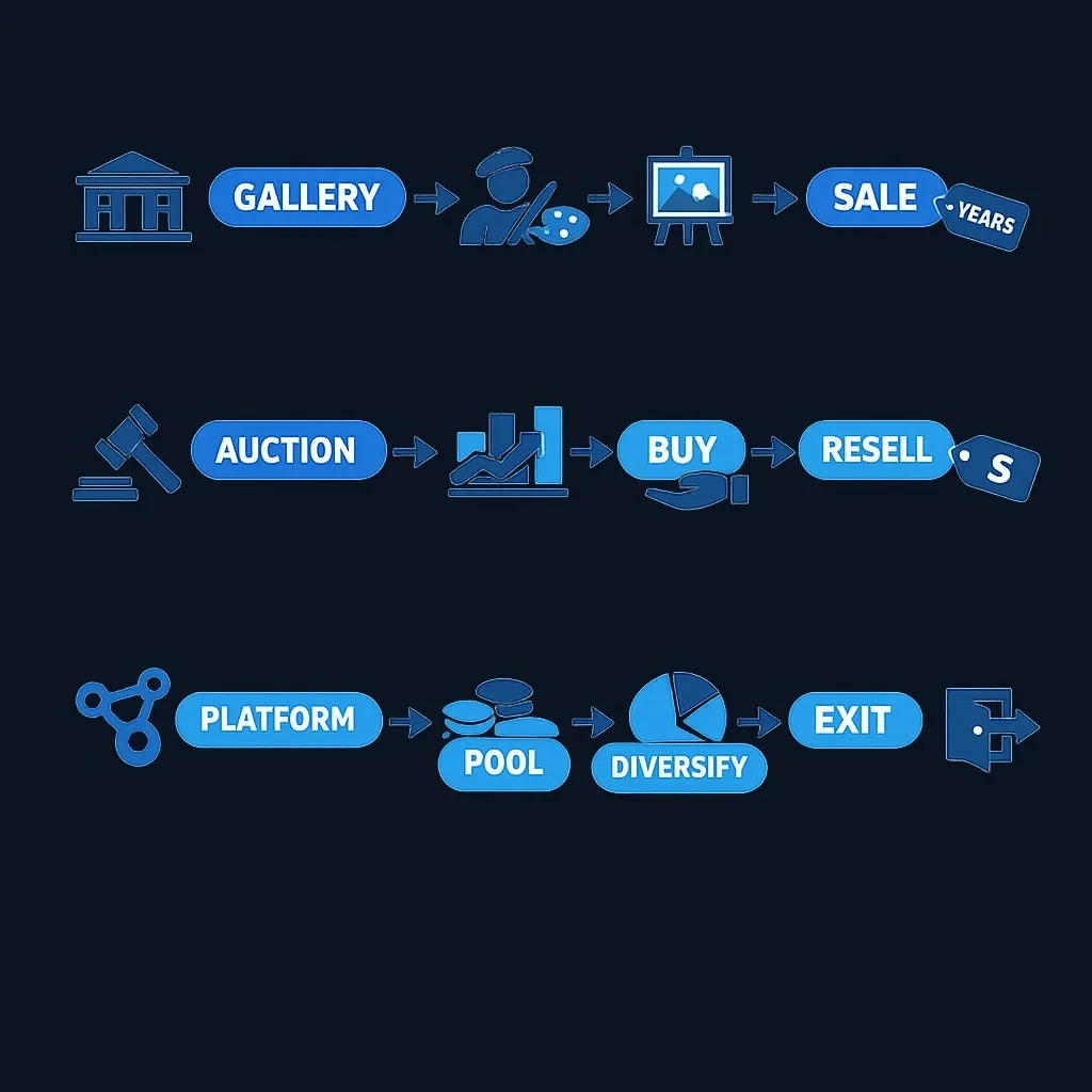 Three parallel investment scenario flows showing gallery discovery, auction purchase, and fractional ownership paths