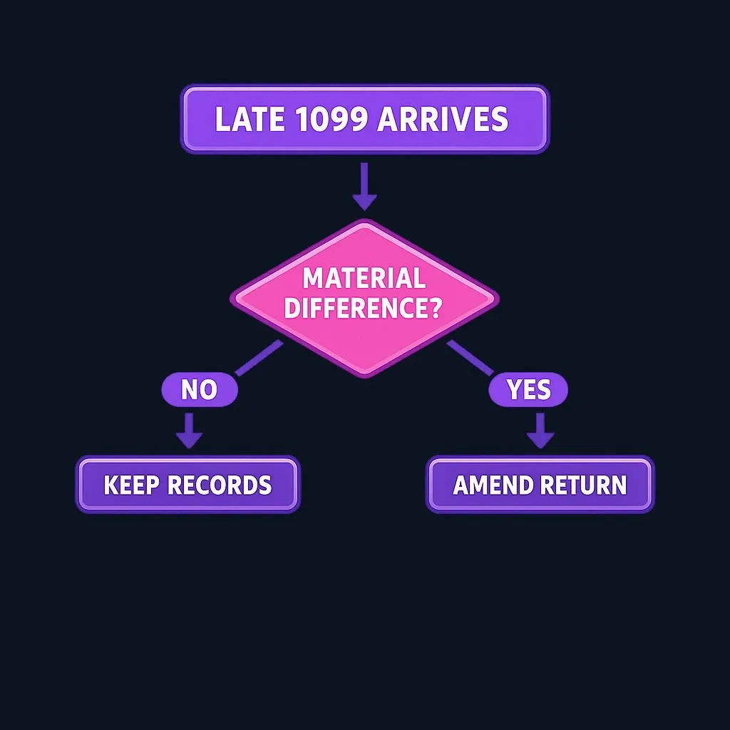 Decision flowchart for handling late 1099 forms