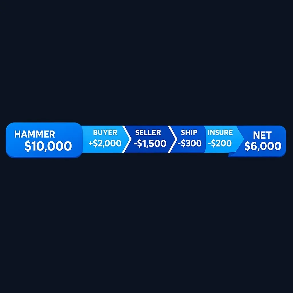Diagram showing hammer price versus net proceeds after fees in art auction