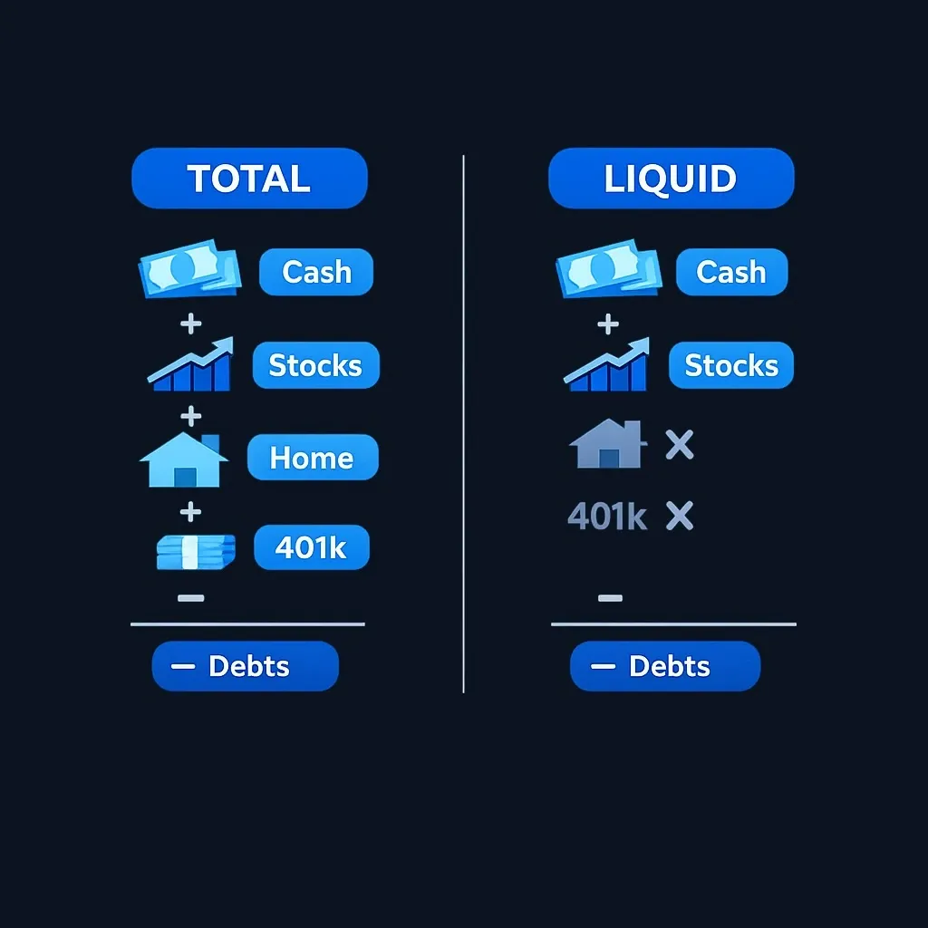 Comparison of total net worth versus liquid net worth calculations